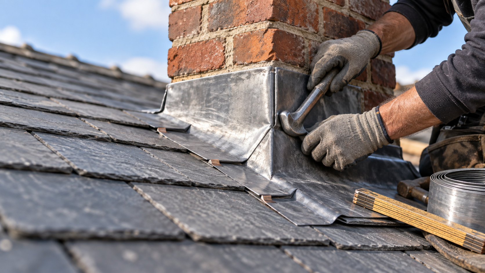 Roofer fitting leadwork around a brick chimney