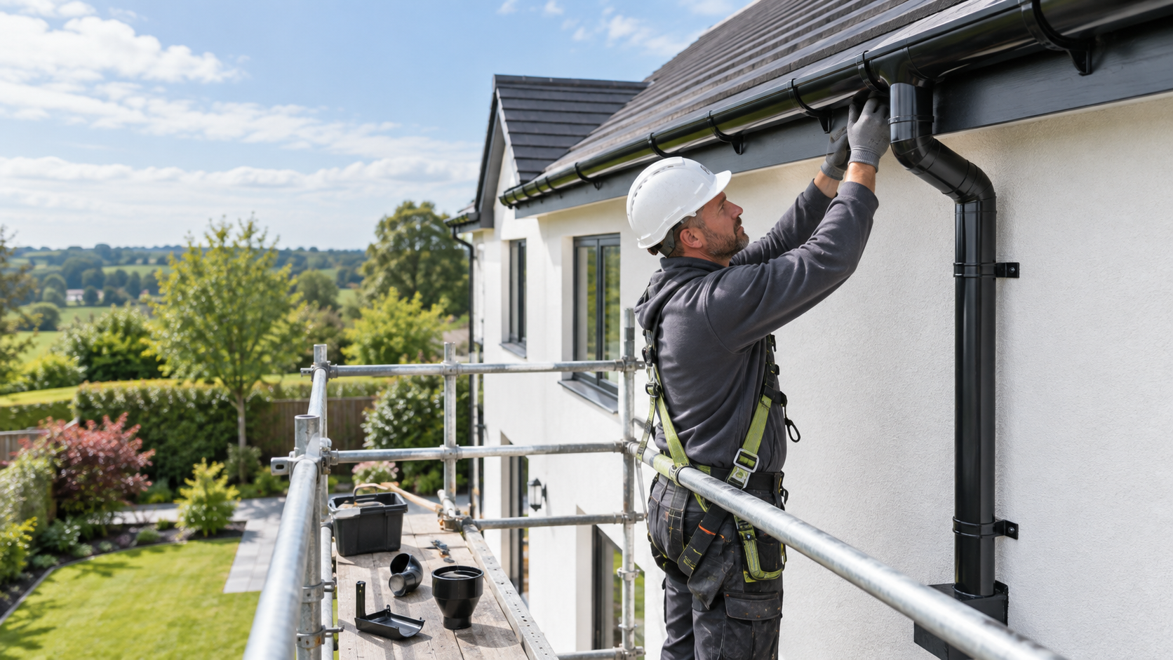 Roofer fitting new black guttering and downpipe