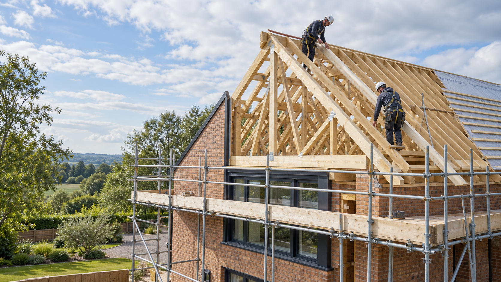 Roofers constructing timber roof beams for a new roof installation