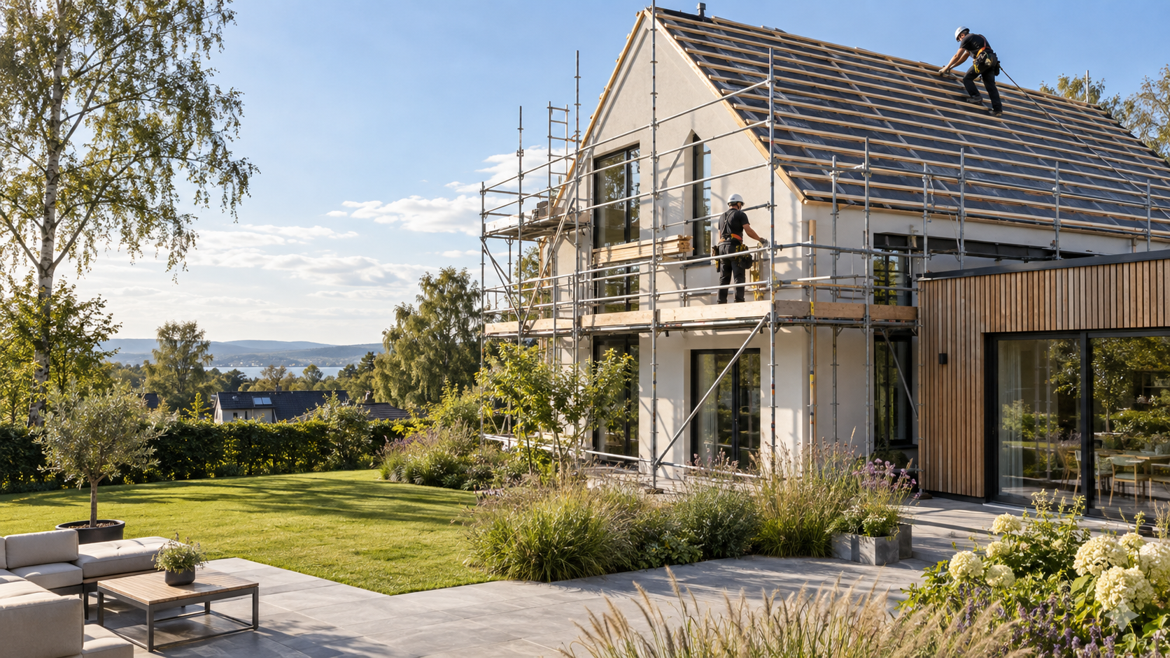 Completed roof works viewed from the garden