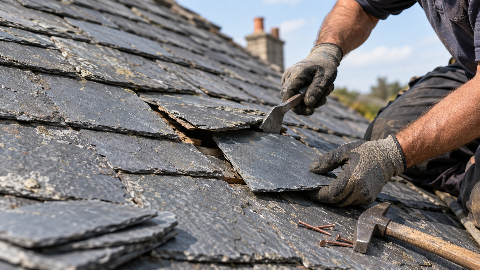 Roofer repairing traditional slate tiles