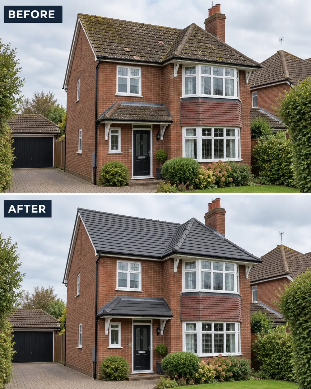 Before and after comparison of a brick house with a moss-covered tiled roof replaced with a clean dark tiled roof