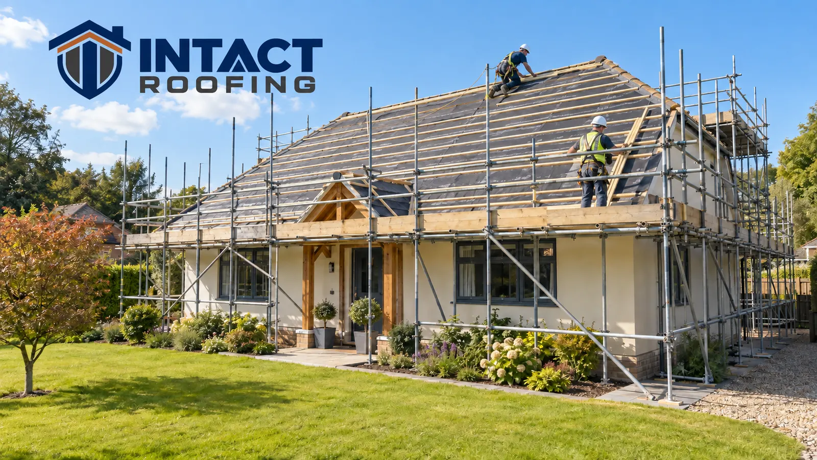 Intact Roofing working on a scaffolded home