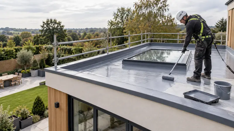 Roofer installing a flat roof membrane