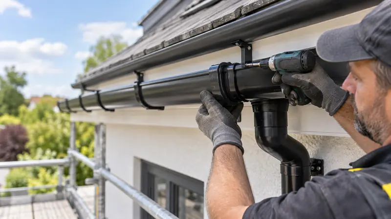 Roofer installing black guttering