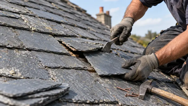 Roofer repairing traditional slate tiles